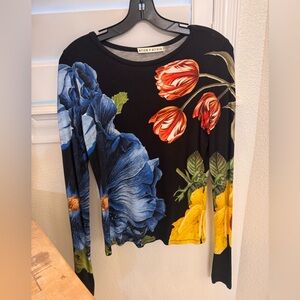 Alice + Olivia Medium Black Long-Sleeve Floral Print Top